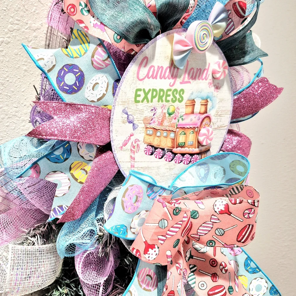 Candy Land Express Holiday Wreath - Pink, Blue, and White